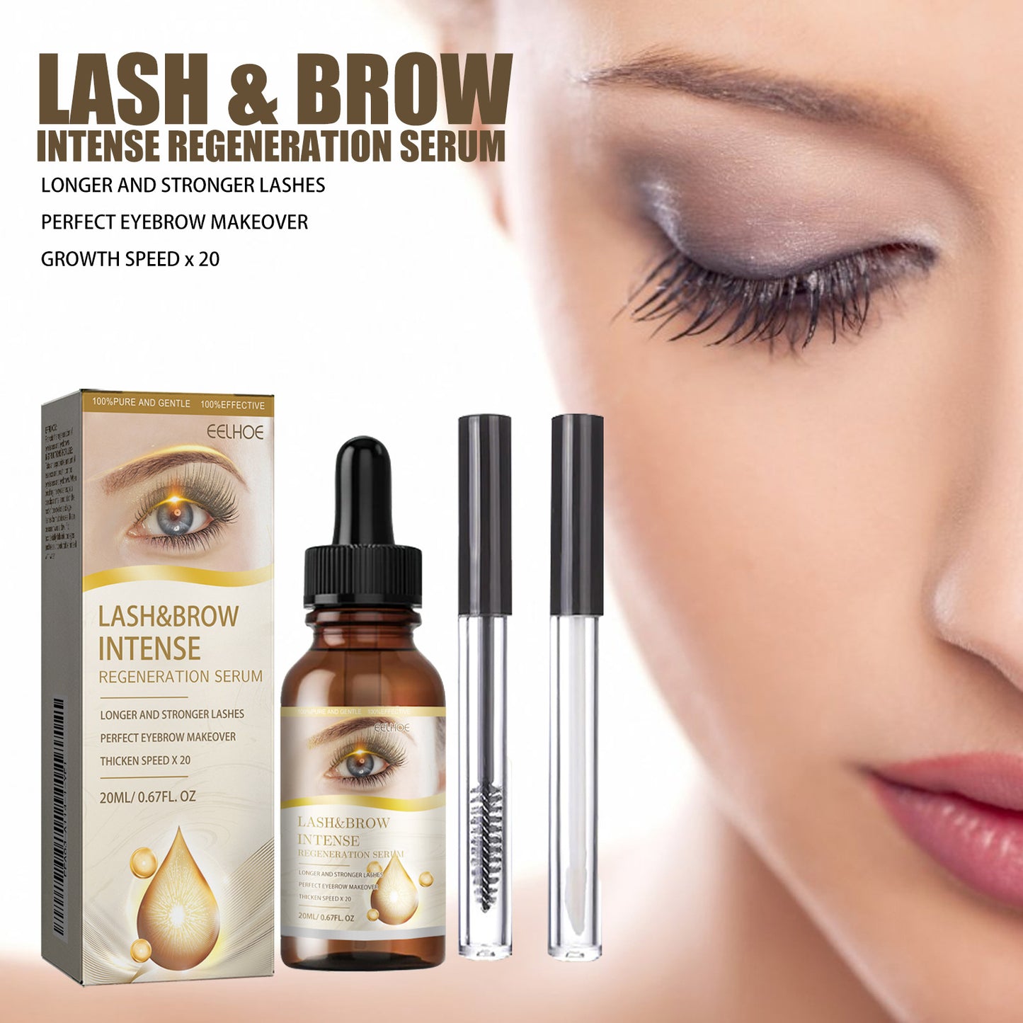 EELHOE Eyelash Growth Serum – Lengthening, Curling, Moisturizing Lash & Brow Enhancer (20ml + 2 Brushes)