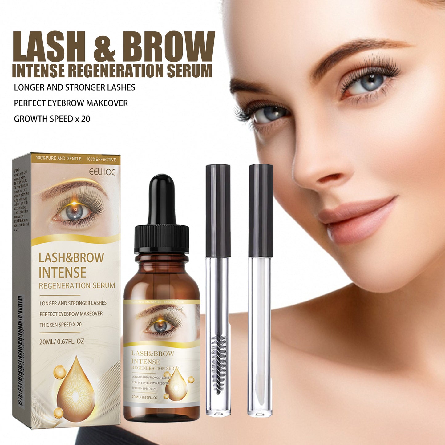 EELHOE Eyelash Growth Serum – Lengthening, Curling, Moisturizing Lash & Brow Enhancer (20ml + 2 Brushes)